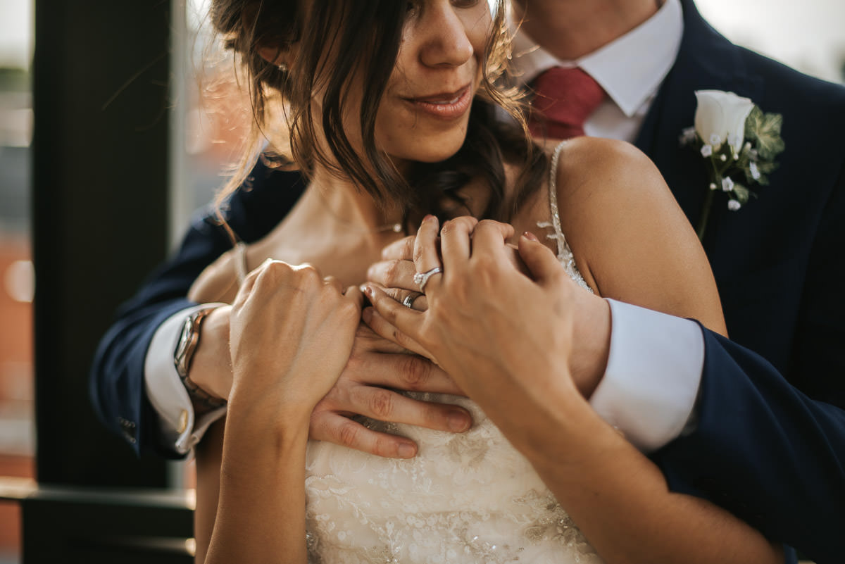 city london wedding bride and groom embracing