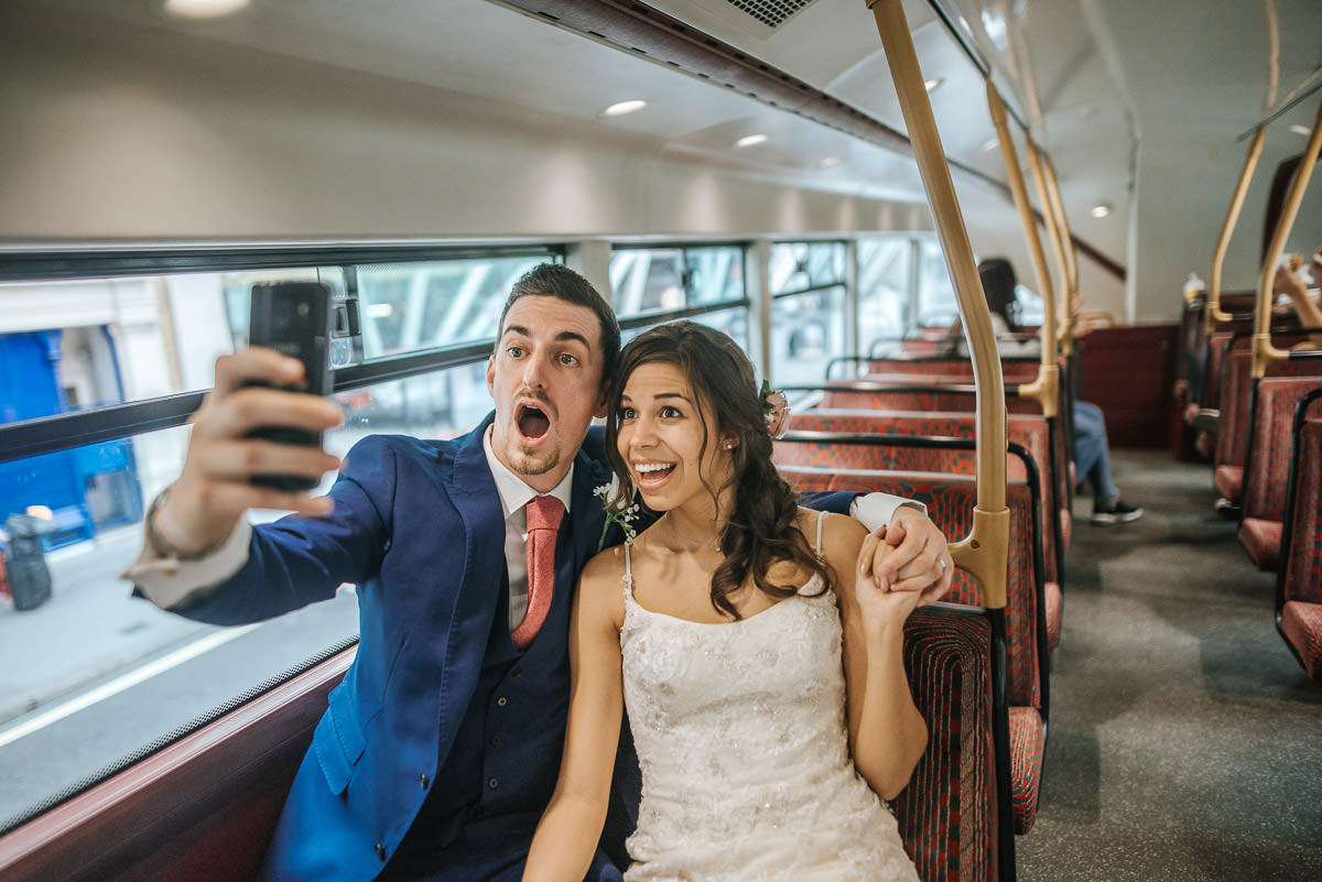 city london wedding bride and groom on the bus