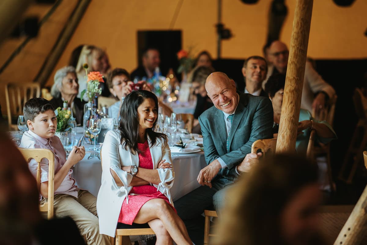 tipi wedding berkshire guests laughing