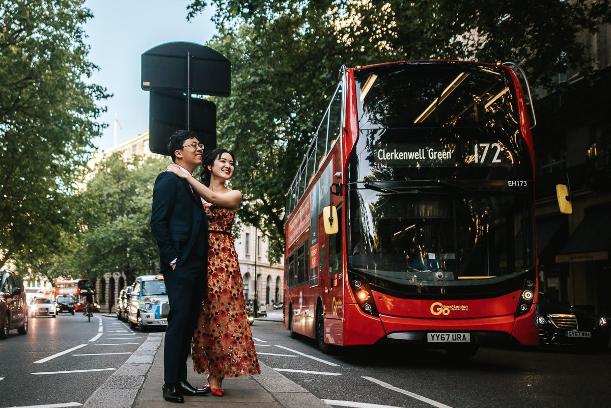 london engagement photography covent garden with red bus