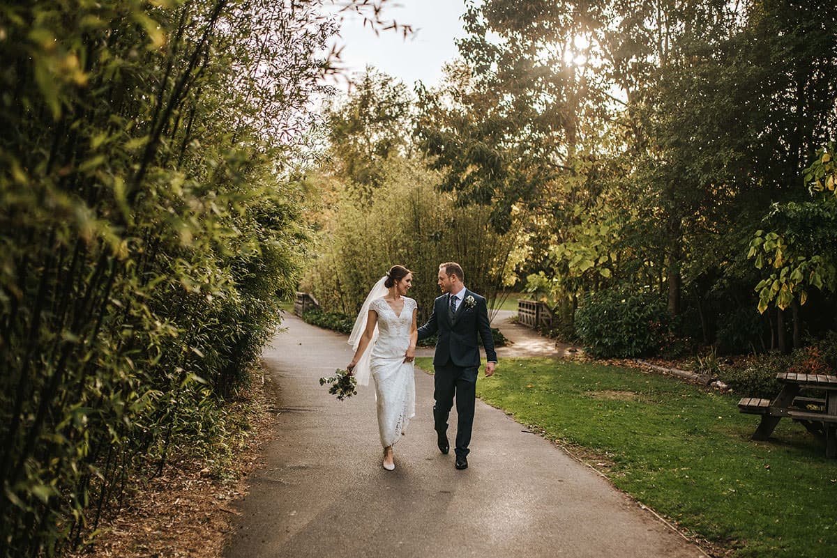 london wetland centre wedding bride and groom walking