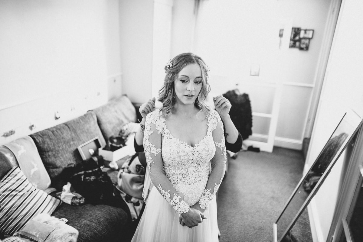 tewin bury farm wedding bride in b and w