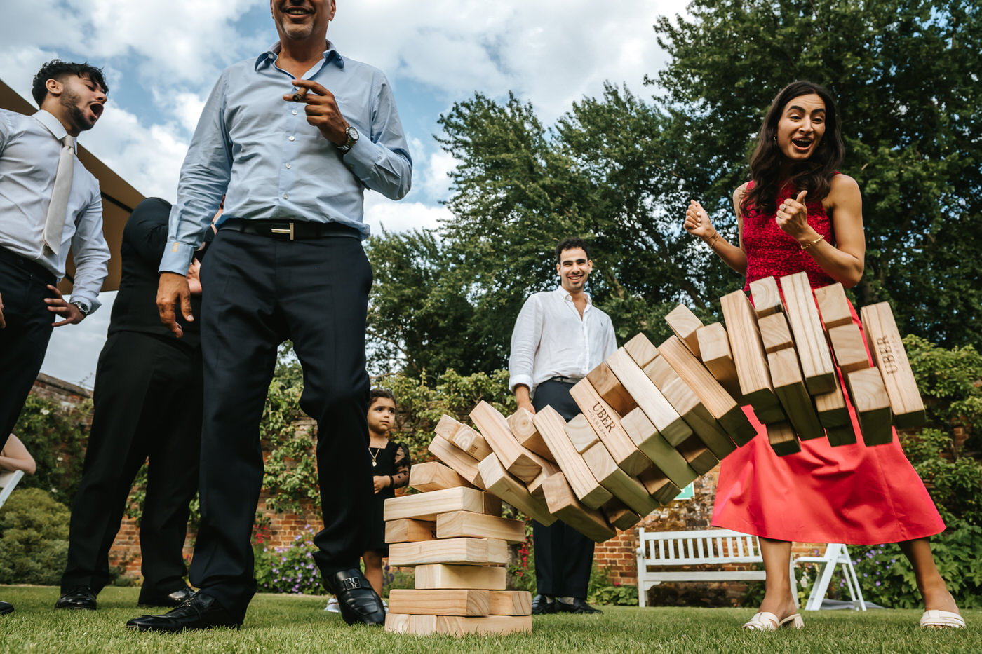 braxted park wedding guests playing jenga