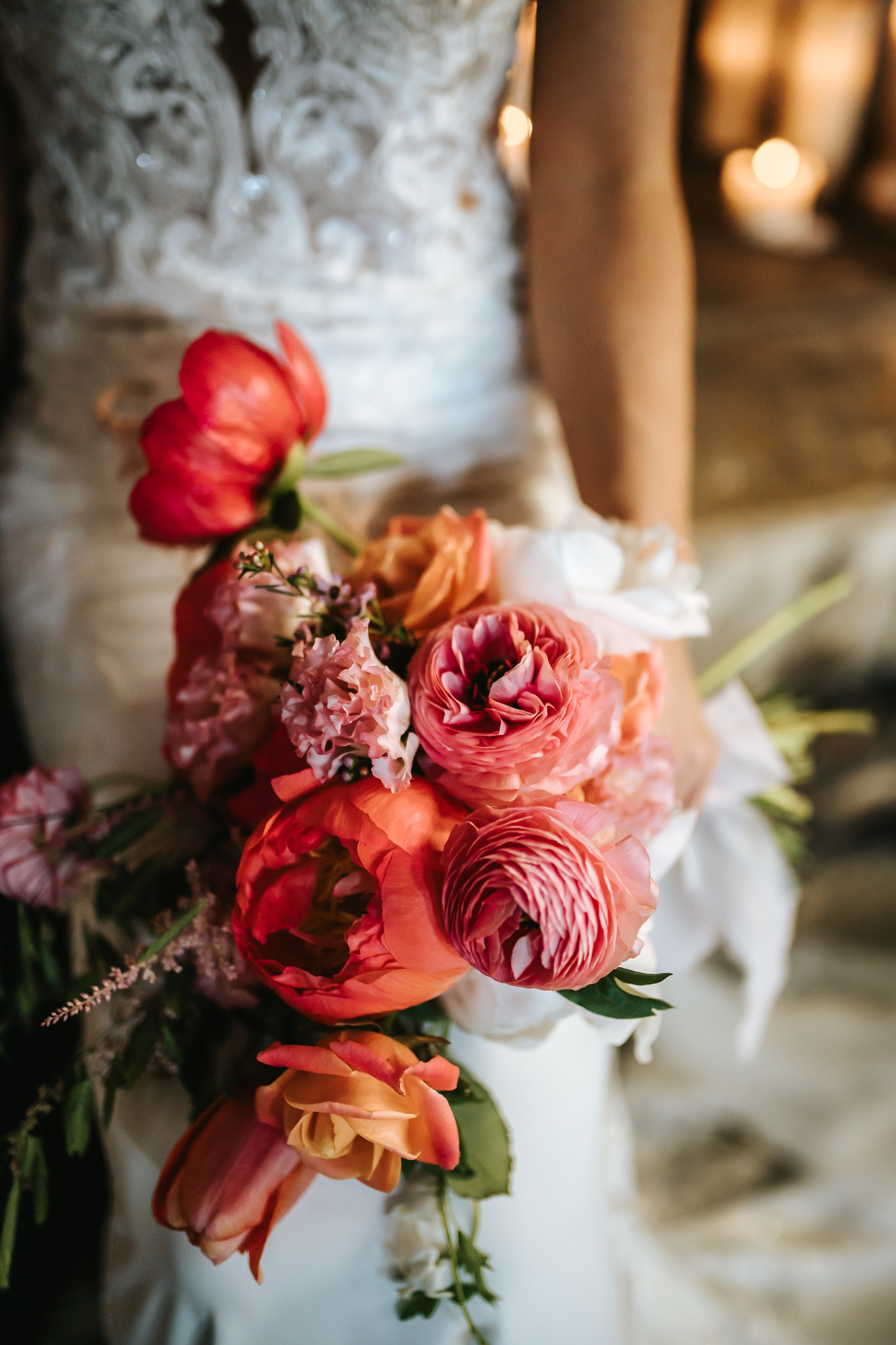 asylum chapel wedding close up on brides flowers in red