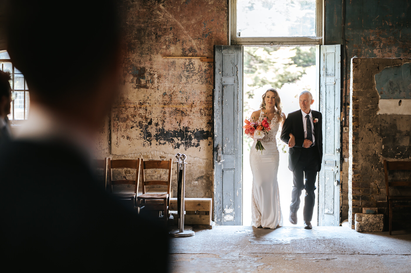 asylum chapel wedding bride and father entering the ceremony room