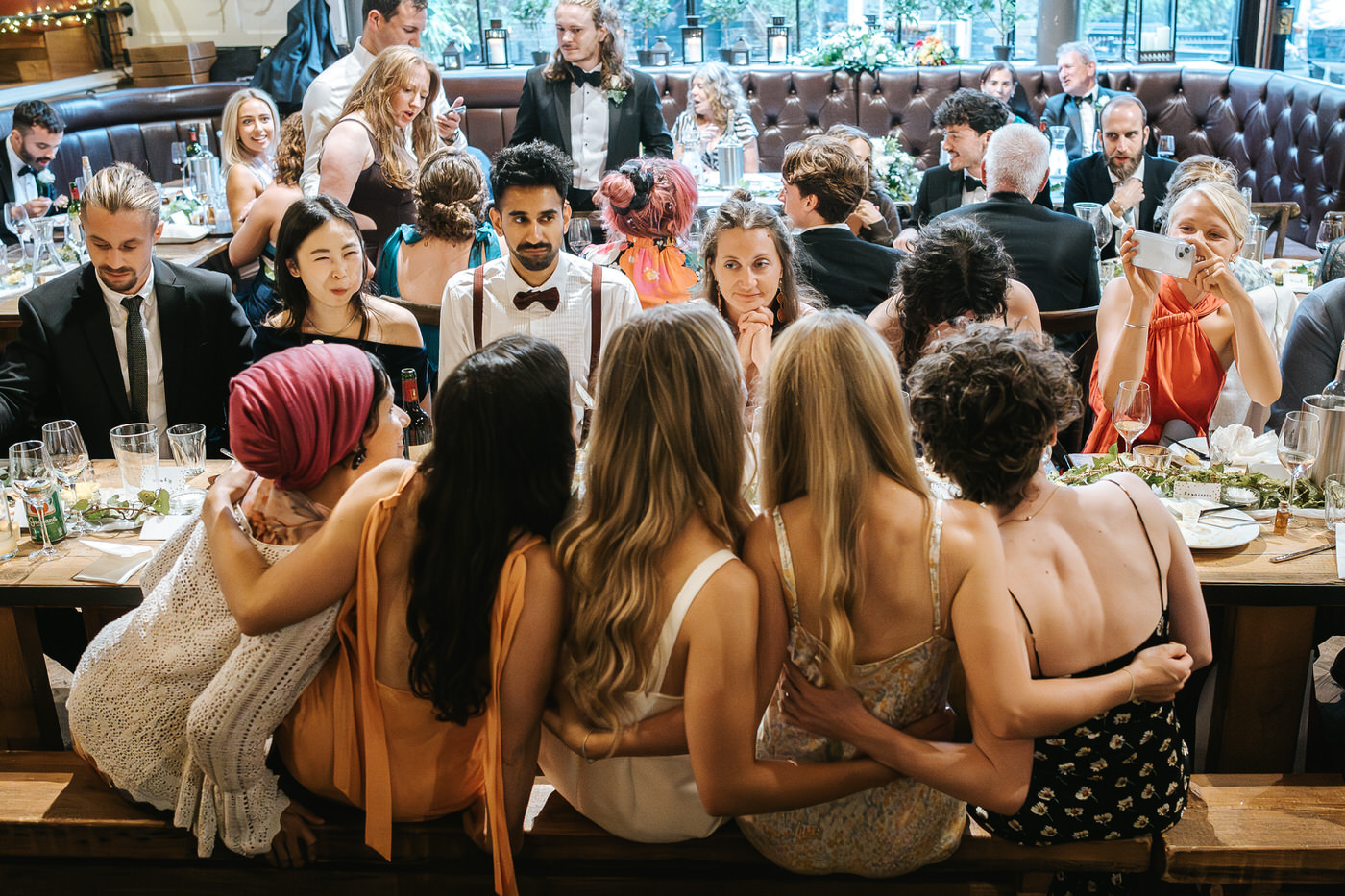 depot wedding bride hugging her friends