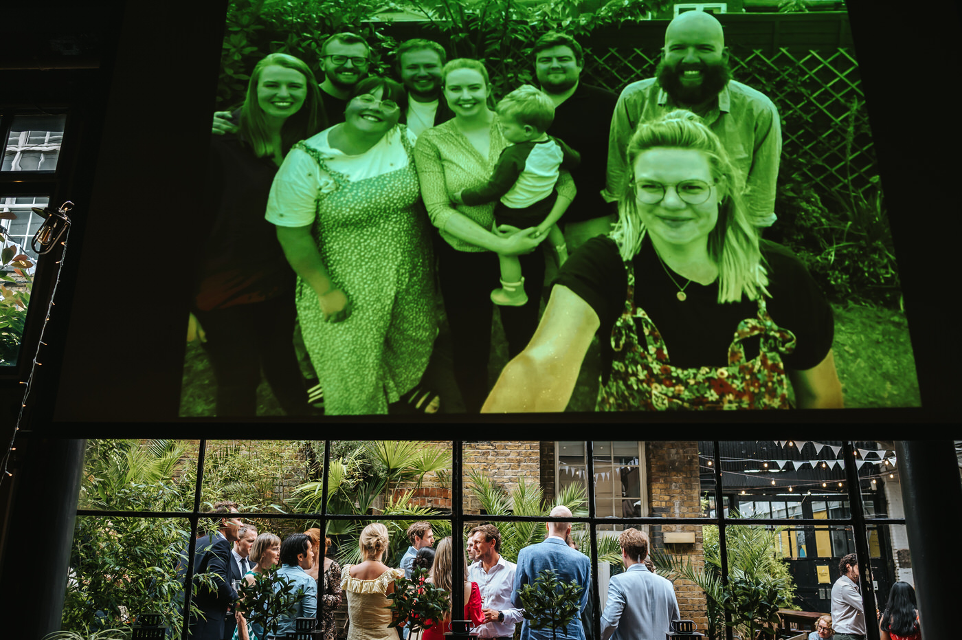 depot wedding guests standing and chatting outside